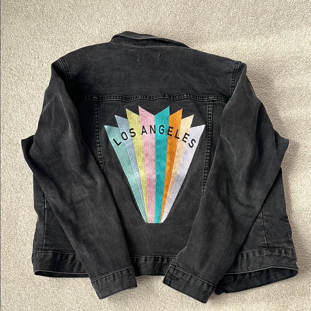 Pacsun Black Denim Jacket with Colorful Los Angeles Design